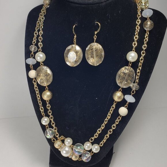 Polished Gold-Tone Layered Beaded Long Necklace Set with Matching Drop Earrings - Picture 1 of 12
